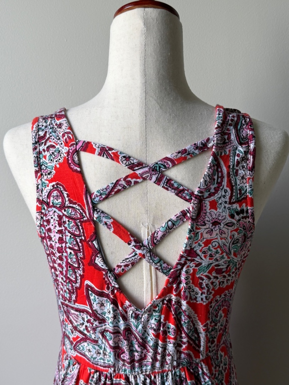 Loveappella Red Paisley Sleeveless V-Neck Boho Maxi Dress - Picture 5 of 6